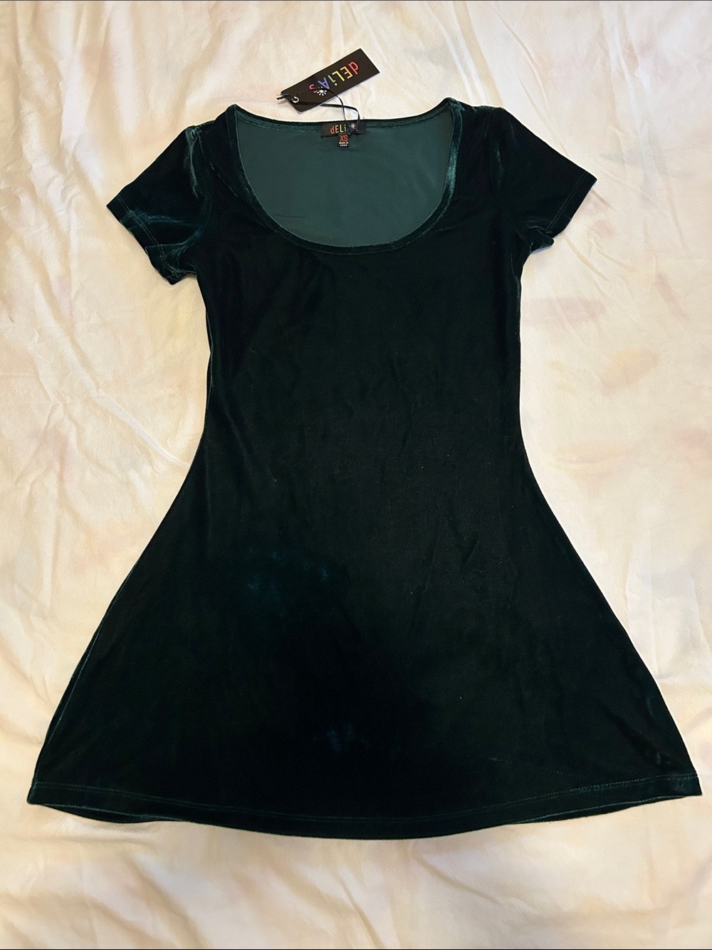 dELiA*s Velvet Scoop Neck Short Sleeve Mini Dress- Dark Green Dillskill